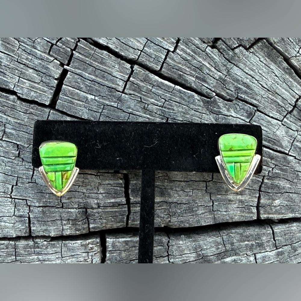 Sterling Silver Green Gaspiete Inlay Earrings